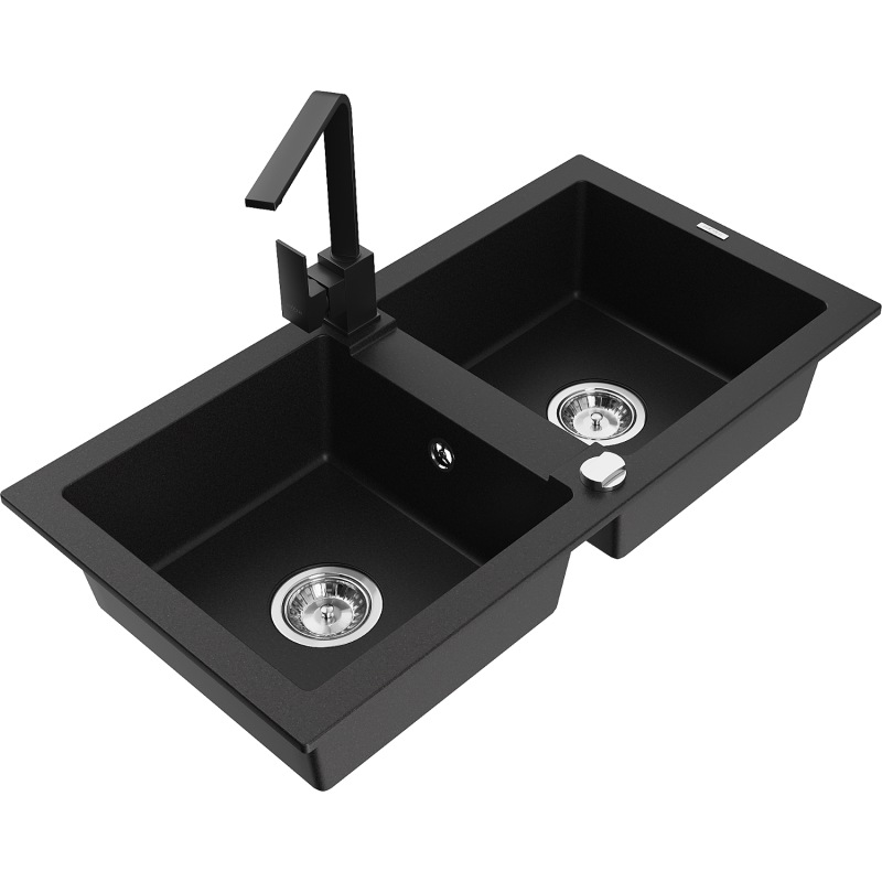 Mexen Mario zlewozmywak granitowy 2-komorowy z baterią kuchenną Rita, czarny - 6504-77-670300-70