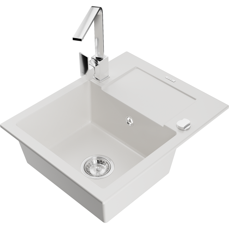 Mexen Enzo zlewozmywak granitowy 1-komorowy z ociekaczem i baterią kuchenną Rita, biały - 6506-20-670300-00