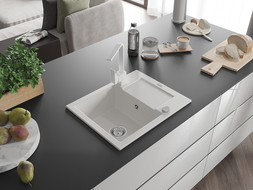 Mexen Enzo zlewozmywak granitowy 1-komorowy z ociekaczem i baterią kuchenną Rita, biały - 6506-20-670300-20