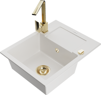 Mexen Enzo zlewozmywak granitowy 1-komorowy z ociekaczem i baterią kuchenną Rita, biały - 6506-20-670300-50