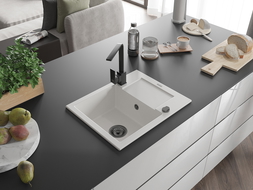 Mexen Enzo zlewozmywak granitowy 1-komorowy z ociekaczem i baterią kuchenną Rita, biały - 6506-20-670300-70