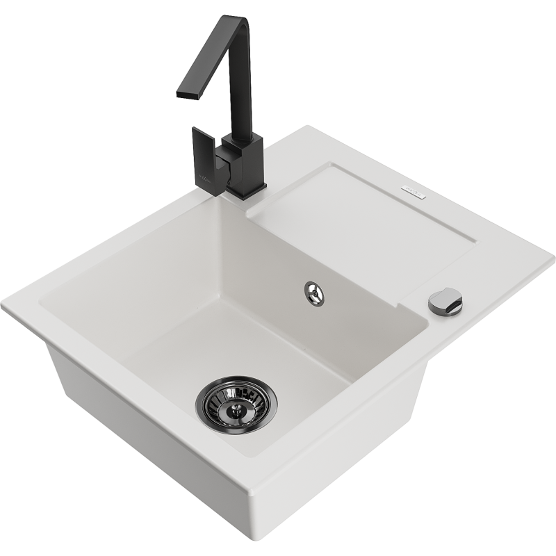 Mexen Enzo zlewozmywak granitowy 1-komorowy z ociekaczem i baterią kuchenną Rita, biały - 6506-20-670300-70