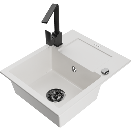 Mexen Enzo zlewozmywak granitowy 1-komorowy z ociekaczem i baterią kuchenną Rita, biały - 6506-20-670300-70