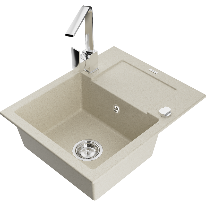Mexen Enzo zlewozmywak granitowy 1-komorowy z ociekaczem i baterią kuchenną Rita, beżowy - 6506-69-670300-00