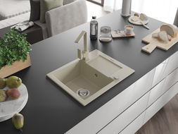 Mexen Enzo zlewozmywak granitowy 1-komorowy z ociekaczem i baterią kuchenną Rita, beżowy - 6506-69-670300-69