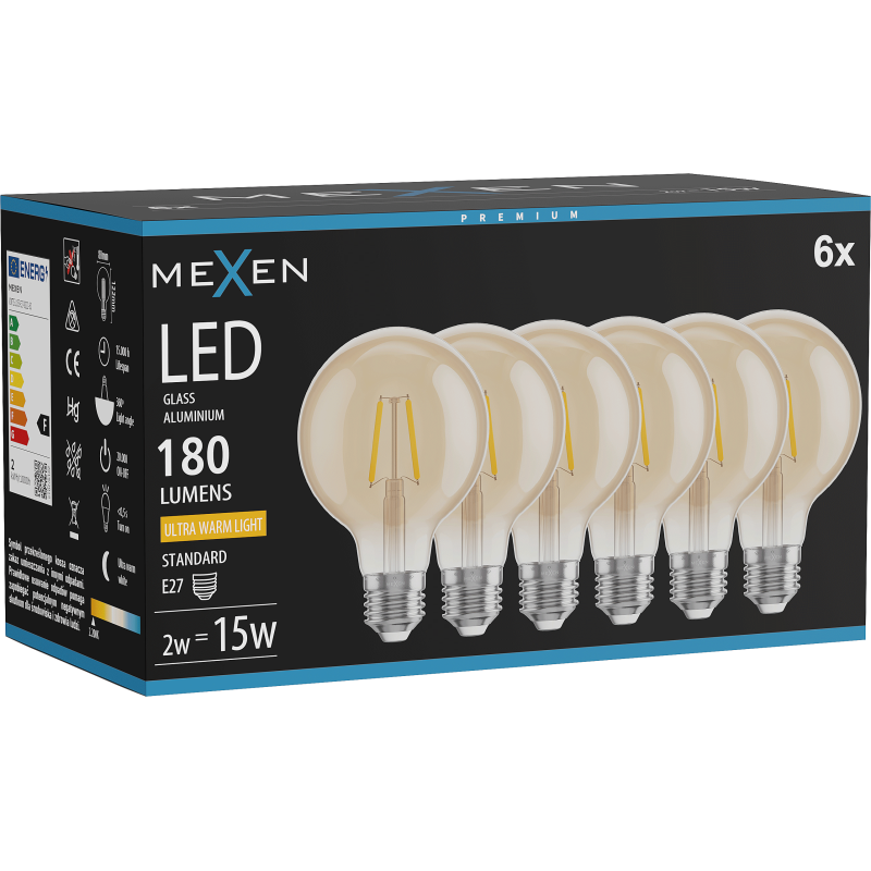 Mexen Vintis 6x żarówka filament LED E27, G80, 2W, Ciepła - 2200K, 180 lm, amber - L155-E27-0222-50x06