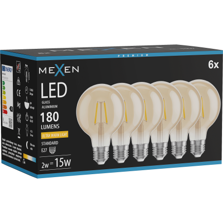 Mexen Vintis 6x żarówka filament LED E27, G80, 2W, Ciepła - 2200K, 180 lm, amber - L155-E27-0222-50x06