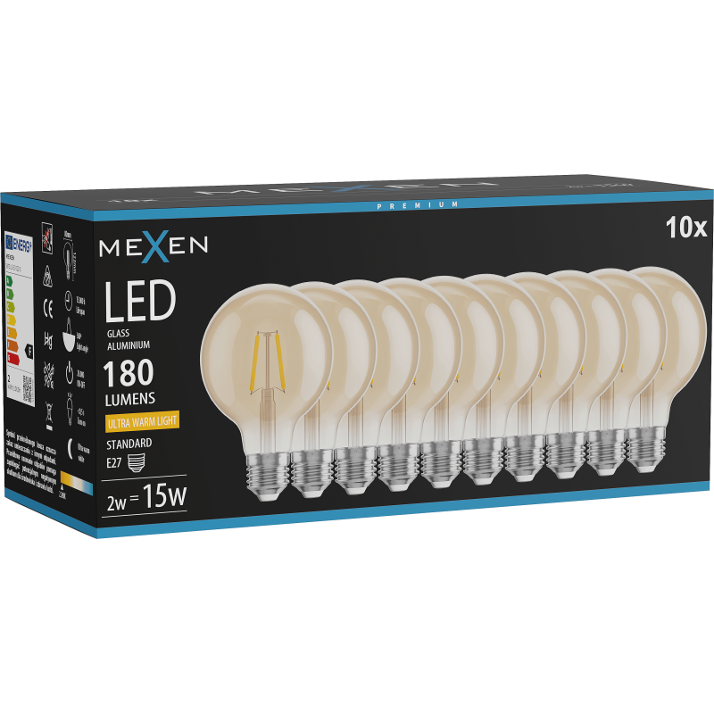 Mexen Vintis 10x żarówka filament LED E27, G80, 2W, Ciepła - 2200K, 180 lm, amber - L155-E27-0222-50x10