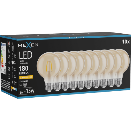 Mexen Vintis 10x żarówka filament LED E27, G80, 2W, Ciepła - 2200K, 180 lm, amber - L155-E27-0222-50x10