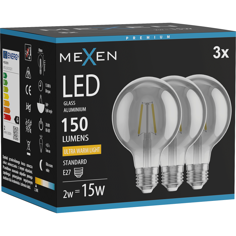 Mexen Vintis 3x żarówka filament LED E27, G80, 2W, Ciepła - 2200K, 150 lm, smoke - L155-E27-0222-70x03
