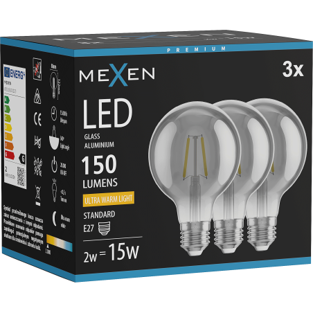 Mexen Vintis 3x żarówka filament LED E27, G80, 2W, Ciepła - 2200K, 150 lm, smoke - L155-E27-0222-70x03