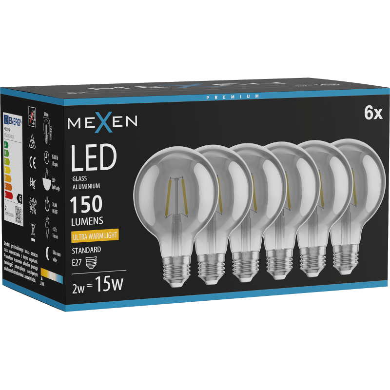 Mexen Vintis 6x żarówka filament LED E27, G80, 2W, Ciepła - 2200K, 150 lm, smoke - L155-E27-0222-70x06