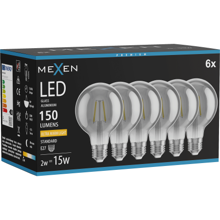 Mexen Vintis 6x żarówka filament LED E27, G80, 2W, Ciepła - 2200K, 150 lm, smoke - L155-E27-0222-70x06