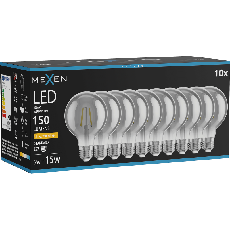 Mexen Vintis 10x żarówka filament LED E27, G80, 2W, Ciepła - 2200K, 150 lm, smoke - L155-E27-0222-70x10