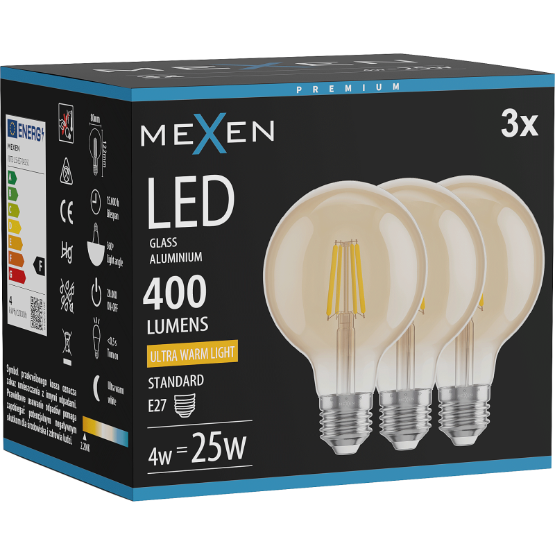 Mexen Vintis 3x żarówka filament LED E27, G80, 4W, Ciepła - 2200K, 400 lm, amber - L155-E27-0422-50x03