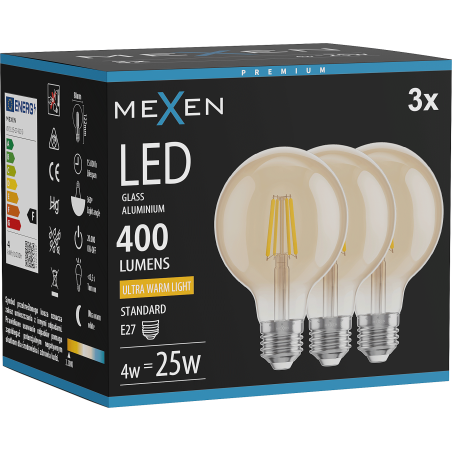 Mexen Vintis 3x żarówka filament LED E27, G80, 4W, Ciepła - 2200K, 400 lm, amber - L155-E27-0422-50x03