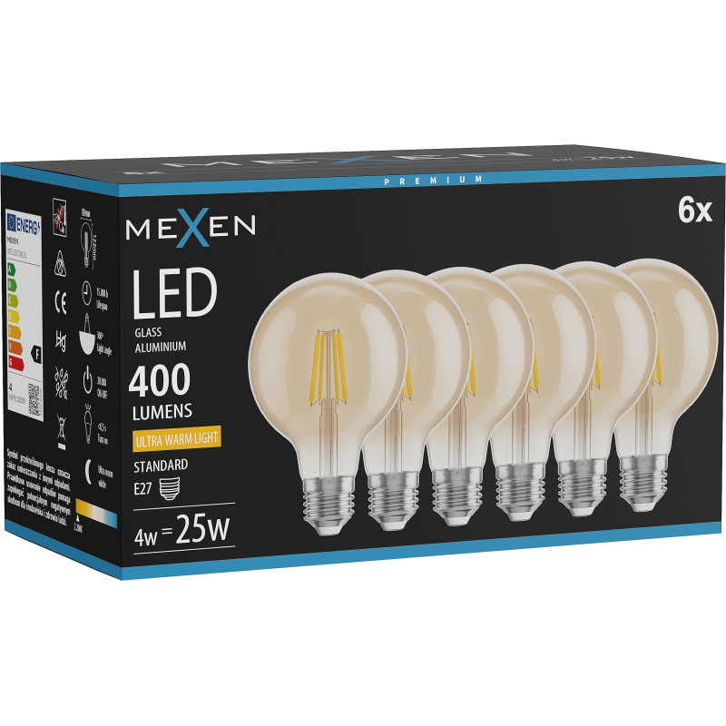 Mexen Vintis 6x żarówka filament LED E27, G80, 4W, Ciepła - 2200K, 400 lm, amber - L155-E27-0422-50x06