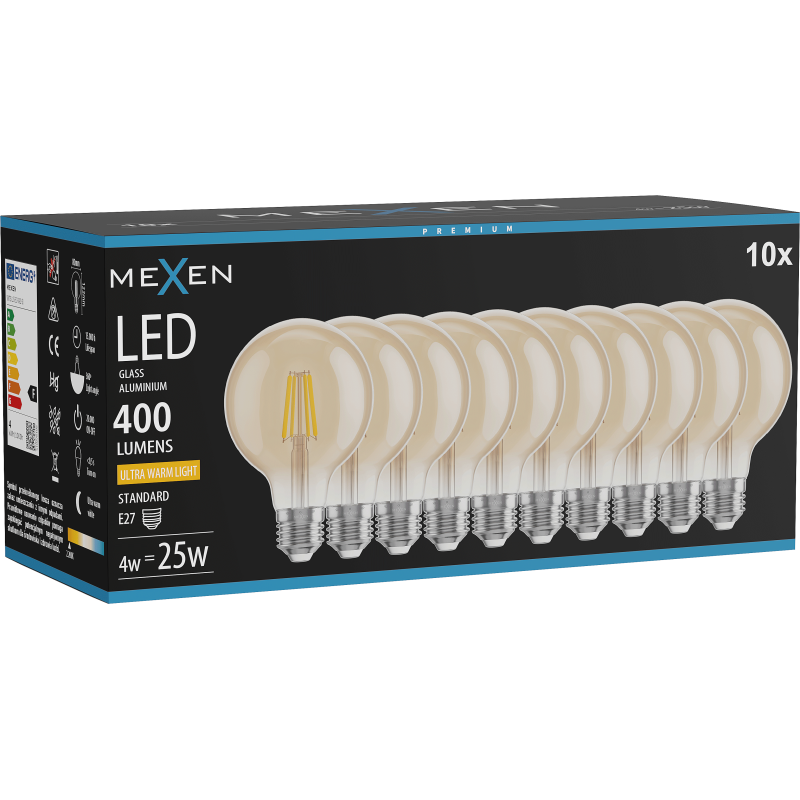 Mexen Vintis 10x żarówka filament LED E27, G80, 4W, Ciepła - 2200K, 400 lm, amber - L155-E27-0422-50x10
