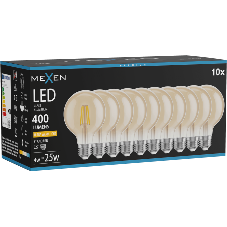 Mexen Vintis 10x żarówka filament LED E27, G80, 4W, Ciepła - 2200K, 400 lm, amber - L155-E27-0422-50x10