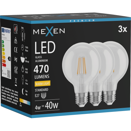 Mexen Vintis 3x żarówka filament LED E27, G80, 4W, Ciepła - 2700K, 470 lm, clear - L155-E27-0427-00x03