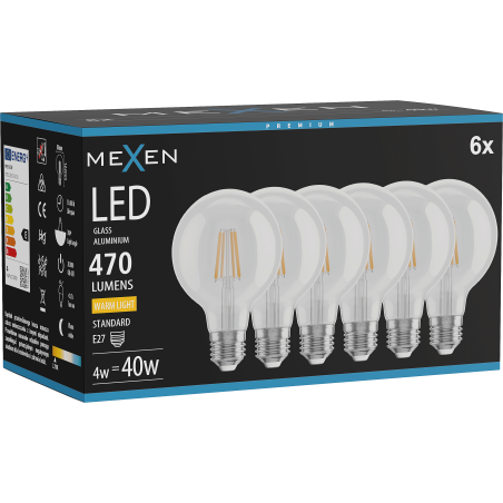 Mexen Vintis 6x żarówka filament LED E27, G80, 4W, Ciepła - 2700K, 470 lm, clear - L155-E27-0427-00x06