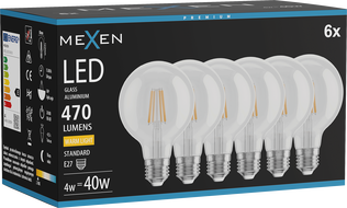 Mexen Vintis 6x żarówka filament LED E27, G80, 4W, Ciepła - 2700K, 470 lm, clear - L155-E27-0427-00x06