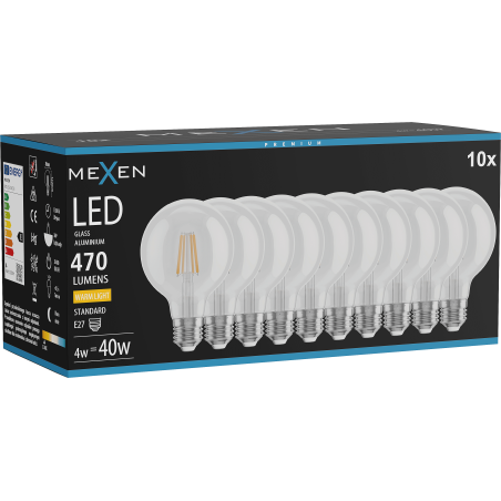 Mexen Vintis 10x żarówka filament LED E27, G80, 4W, Ciepła - 2700K, 470 lm, clear - L155-E27-0427-00x10