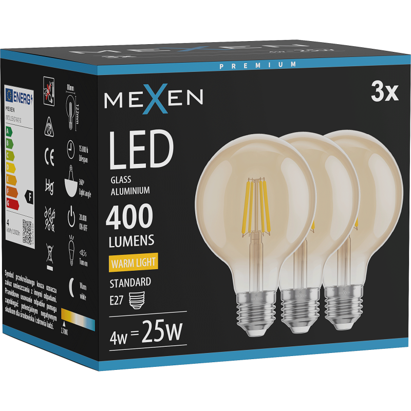 Mexen Vintis 3x żarówka filament LED E27, G80, 4W, Ciepła - 2700K, 400 lm, amber - L155-E27-0427-50x03