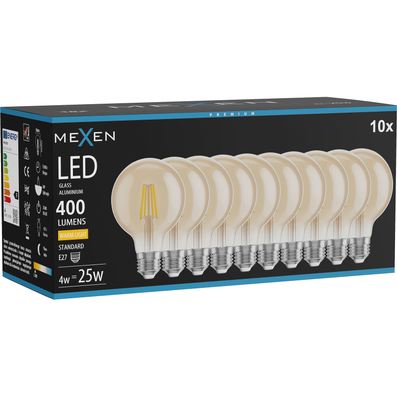 Mexen Vintis 10x żarówka filament LED E27, G80, 4W, Ciepła - 2700K, 400 lm, amber - L155-E27-0427-50x10