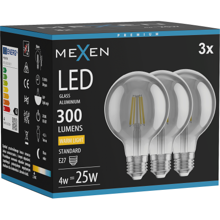 Mexen Vintis 3x żarówka filament LED E27, G80, 4W, Ciepła - 2700K, 300 lm, smoke - L155-E27-0427-70x03