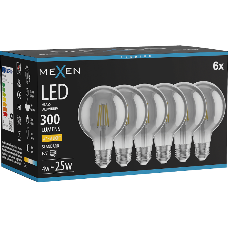 Mexen Vintis 6x żarówka filament LED E27, G80, 4W, Ciepła - 2700K, 300 lm, smoke - L155-E27-0427-70x06