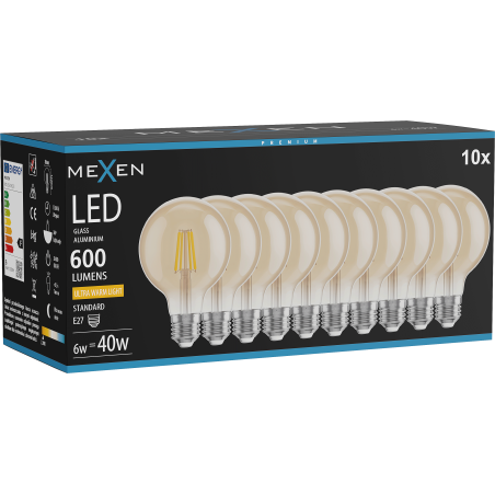 Mexen Vintis 10x żarówka filament LED E27, G80, 6W, Ciepła - 2200K, 600 lm, amber - L155-E27-0622-50x10