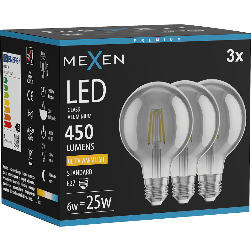 Mexen Vintis 3x żarówka filament LED E27, G80, 6W, Ciepła - 2200K, 450 lm, smoke - L155-E27-0622-70x03