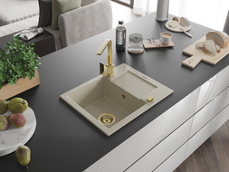 Mexen Enzo zlewozmywak granitowy 1-komorowy z ociekaczem i baterią kuchenną Rita, beżowy - 6506-69-670300-50