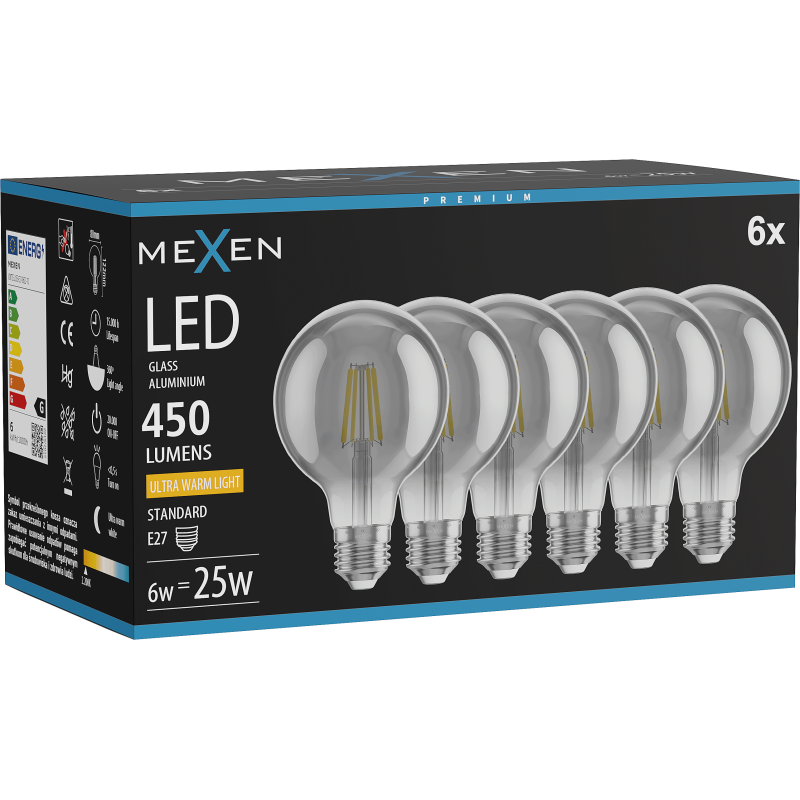 Mexen Vintis 6x żarówka filament LED E27, G80, 6W, Ciepła - 2200K, 450 lm, smoke - L155-E27-0622-70x06