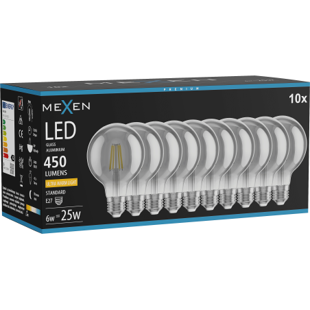 Mexen Vintis 10x żarówka filament LED E27, G80, 6W, Ciepła - 2200K, 450 lm, smoke - L155-E27-0622-70x10