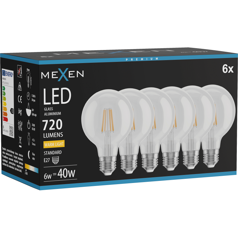 Mexen Vintis 6x żarówka filament LED E27, G80, 6W, Ciepła - 2700K, 720 lm, clear - L155-E27-0627-00x06