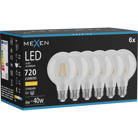 Mexen Vintis 6x żarówka filament LED E27, G80, 6W, Ciepła - 2700K, 720 lm, clear - L155-E27-0627-00x06