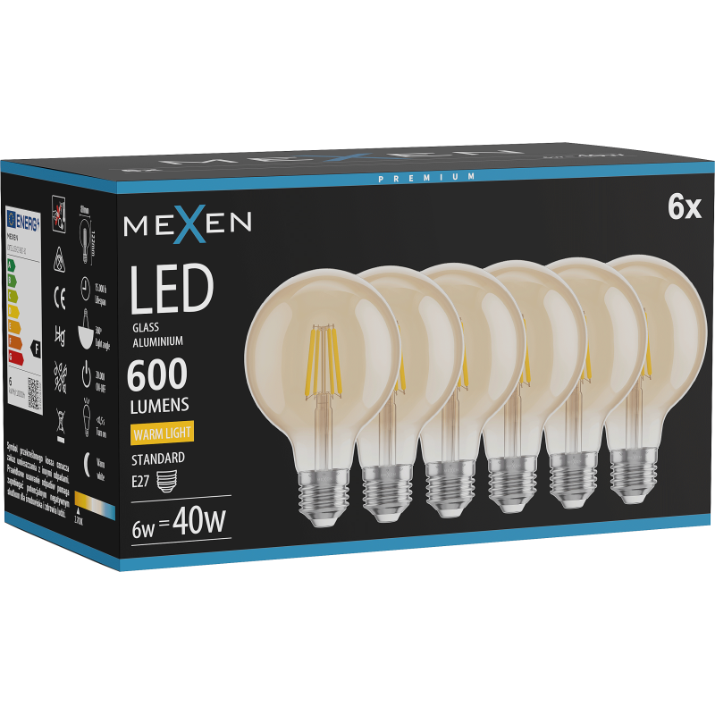 Mexen Vintis 6x żarówka filament LED E27, G80, 6W, Ciepła - 2700K, 400 lm, amber - L155-E27-0627-50x06