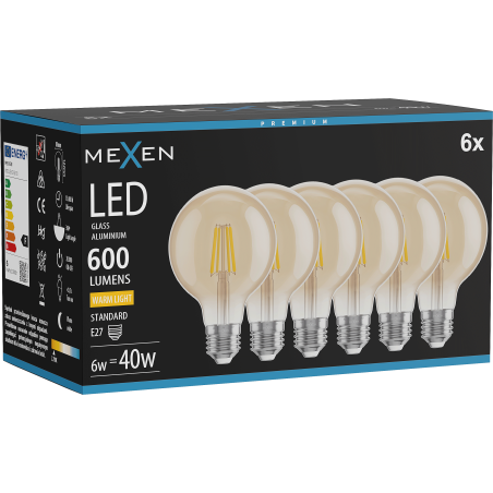 Mexen Vintis 6x żarówka filament LED E27, G80, 6W, Ciepła - 2700K, 400 lm, amber - L155-E27-0627-50x06