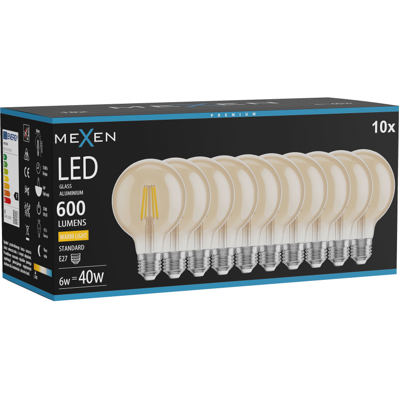 Mexen Vintis 10x żarówka filament LED E27, G80, 6W, Ciepła - 2700K, 400 lm, amber - L155-E27-0627-50x10