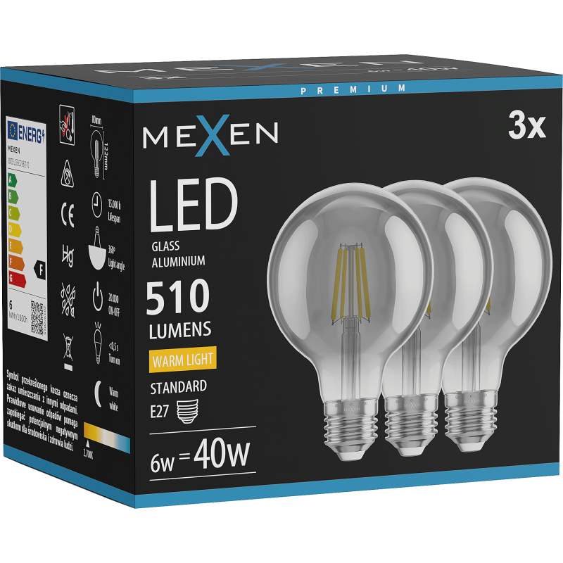 Mexen Vintis 3x żarówka filament LED E27, G80, 6W, Ciepła - 2700K, 510 lm, smoke - L155-E27-0627-70x03