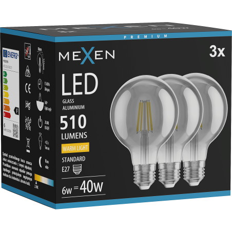 Mexen Vintis 3x żarówka filament LED E27, G80, 6W, Ciepła - 2700K, 510 lm, smoke - L155-E27-0627-70x03