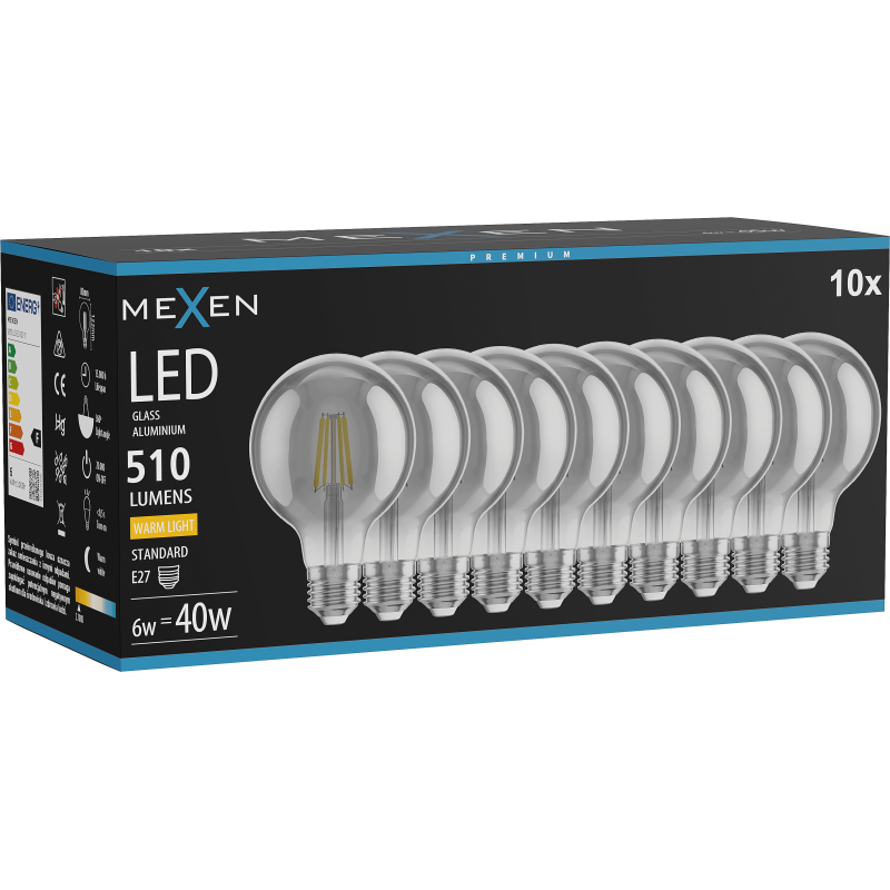 Mexen Vintis 10x żarówka filament LED E27, G80, 6W, Ciepła - 2700K, 510 lm, smoke - L155-E27-0627-70x10