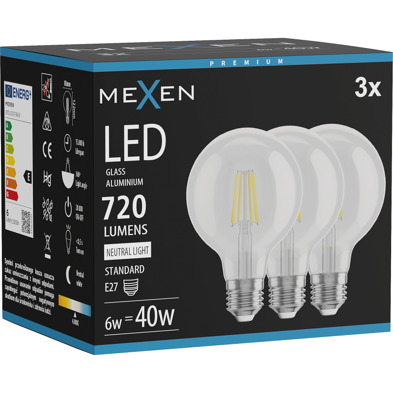 Mexen Vintis 3x żarówka filament LED E27, G80, 6W, Neutralna - 4000K, 720 lm, clear - L155-E27-0640-00x03