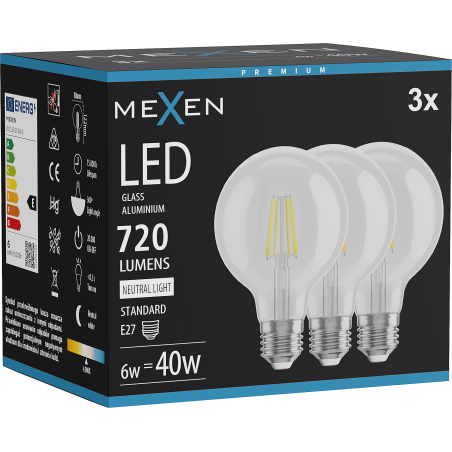 Mexen Vintis 3x żarówka filament LED E27, G80, 6W, Neutralna - 4000K, 720 lm, clear - L155-E27-0640-00x03