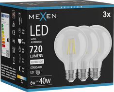 Mexen Vintis 3x żarówka filament LED E27, G80, 6W, Neutralna - 4000K, 720 lm, clear - L155-E27-0640-00x03