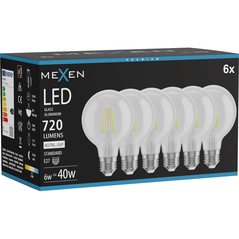 Mexen Vintis 6x żarówka filament LED E27, G80, 6W, Neutralna - 4000K, 720 lm, clear - L155-E27-0640-00x06