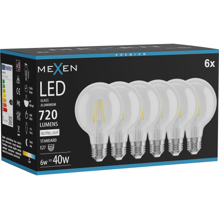 Mexen Vintis 6x żarówka filament LED E27, G80, 6W, Neutralna - 4000K, 720 lm, clear - L155-E27-0640-00x06