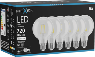 Mexen Vintis 6x żarówka filament LED E27, G80, 6W, Neutralna - 4000K, 720 lm, clear - L155-E27-0640-00x06